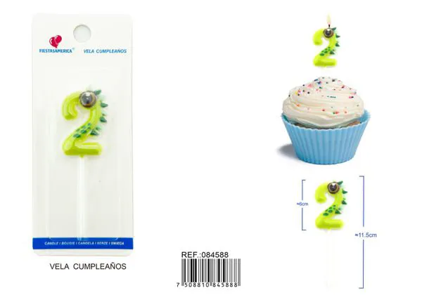 Vela de cumpleaños número 2 de dinosaurio verde