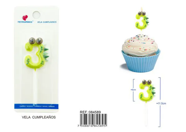 Vela de cumpleaños número 3 de dinosaurio verde