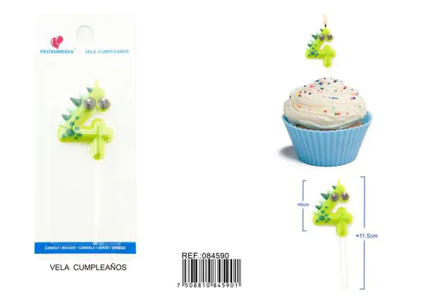 Vela de cumpleaños número 4 de dinosaurio verde