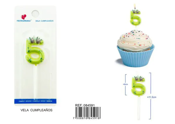 Vela de cumpleaños número 5 de dinosaurio verde