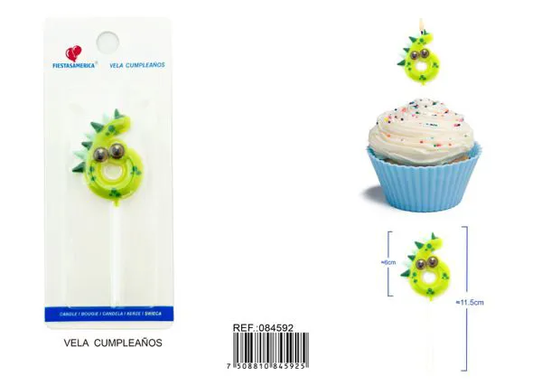 Vela de cumpleaños número 6 de dinosaurio verde