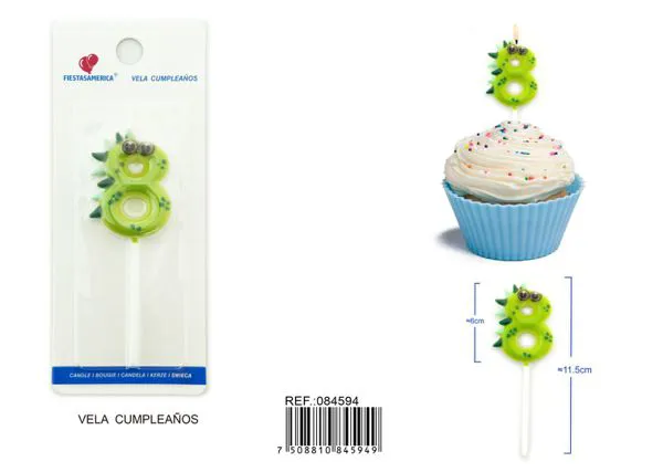 Vela de cumpleaños número 8 de dinosaurio verde