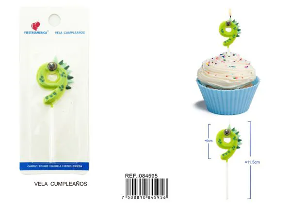 Vela de cumpleaños número 9 de dinosaurio verde