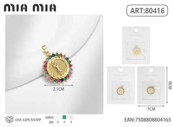 Dije religioso de la Virgen dorado con circonias de colores