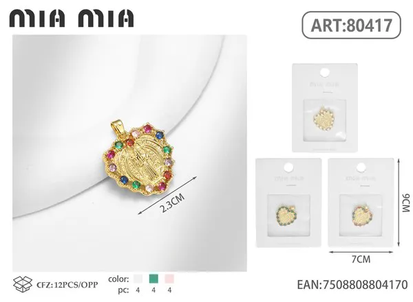 Dije religioso de la Virgen dorado con circonias multicolor