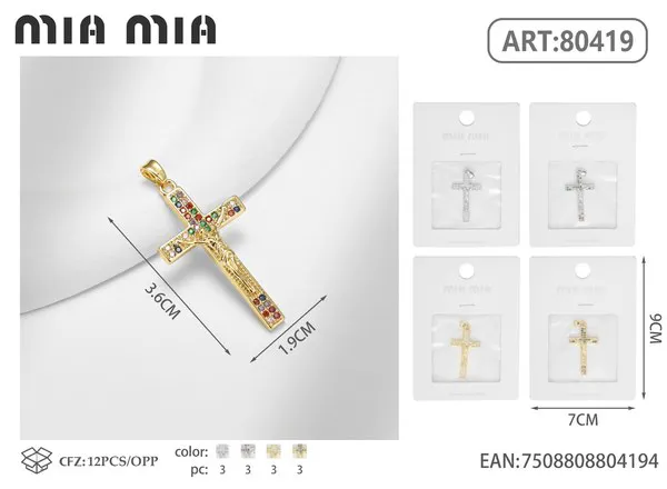 Dije de crucifijo dorado con circonias de colores