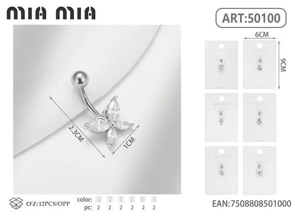 Piercing de ombligo con mariposa de circonias plateado