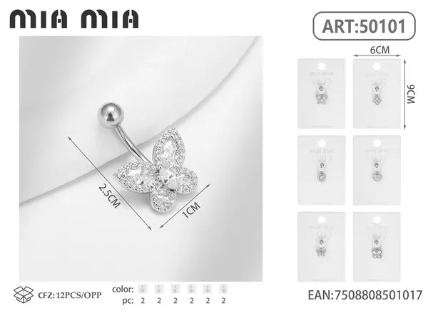 Piercing de ombligo con mariposa de cristal plateado