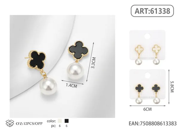 Aretes de trébol negro con perla estilo de marca