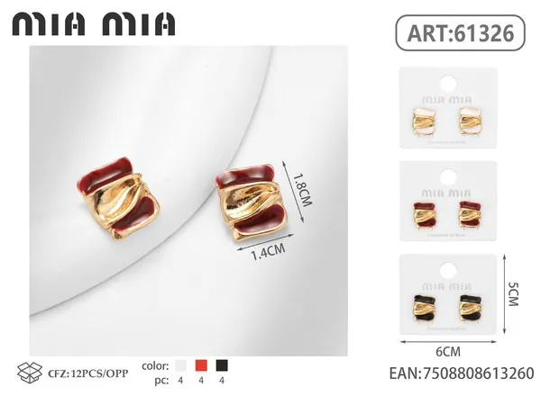 Aretes cuadrados esmaltados con textura en rojo y dorado