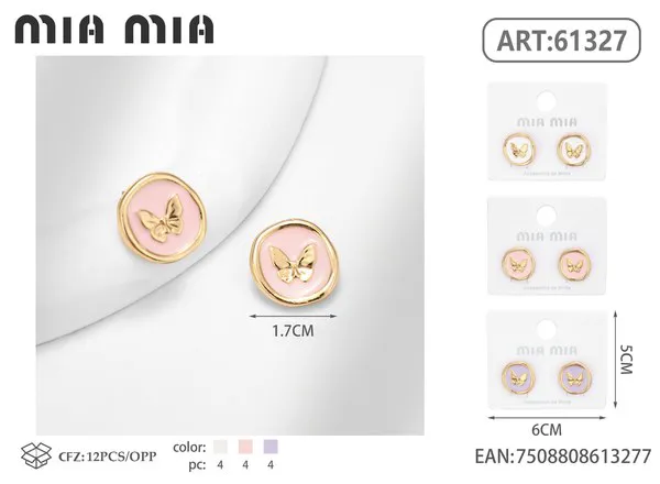 Aretes redondos rosados con mariposa dorada