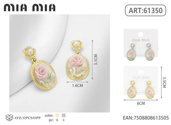 Aretes ovalados con rosa y perla colgante