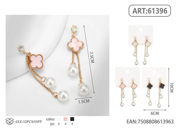 Aretes largos de trébol con perlas colgantes estilo de marca