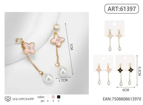 Aretes largos de trébol con perla colgante estilo de marca