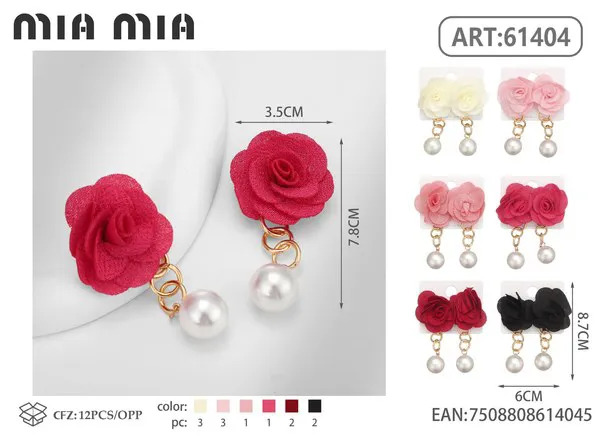 Aretes de rosa de tela roja con perla colgante