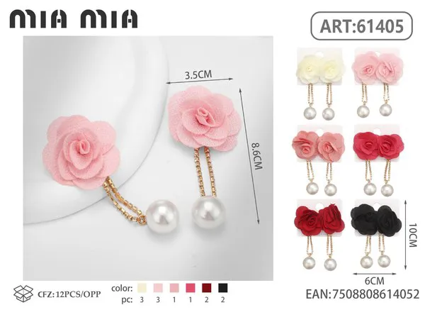 Aretes de rosa rosa con cadena de perlas