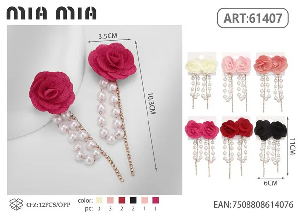 Aretes de rosa fucsia con perlas colgantes