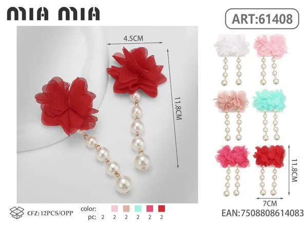 Aretes de flor de tul roja con perlas colgantes