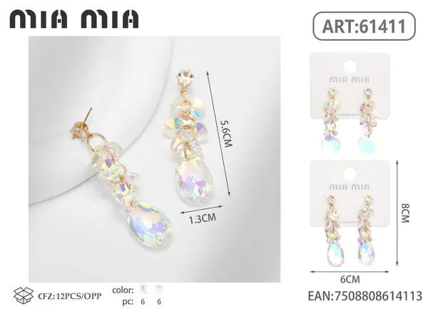 Aretes de cristales tornasol con gota colgante