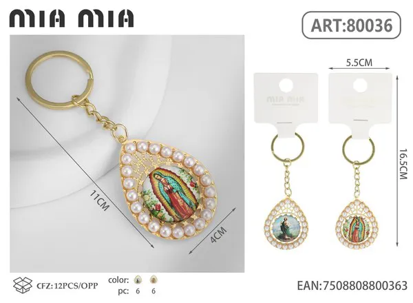 Llavero de la Virgen de Guadalupe en forma de gota con perlas