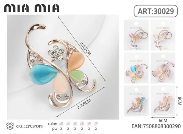 Broche de mariposa con cristales y piedras de ópalo