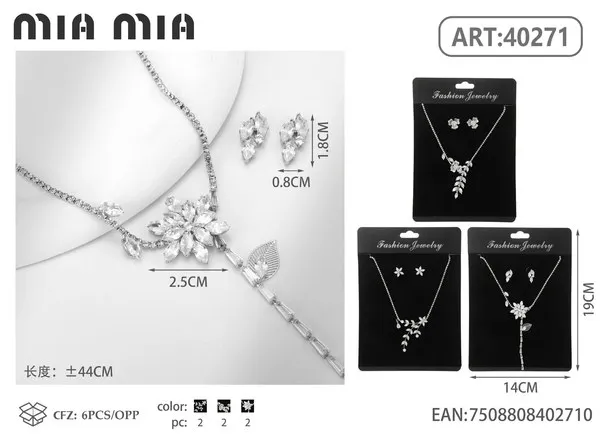 Juego de collar y aretes de cristal con flor plateado