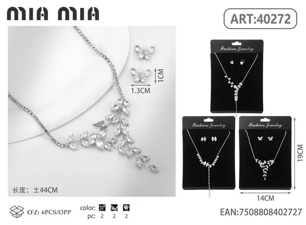 Juego de collar y aretes de cristal con mariposa plateado