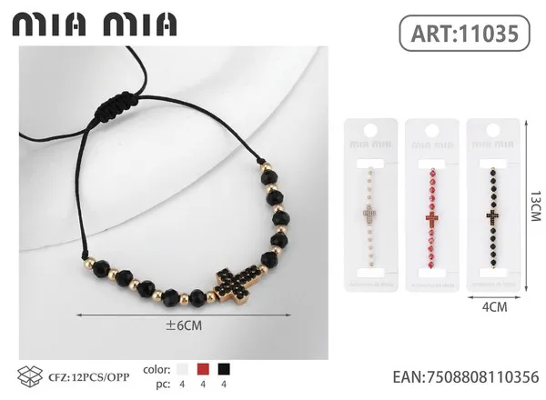 Pulsera tejida con cuentas y dije de cruz