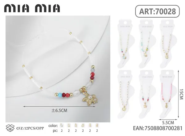 Tobillera de cuentas con perlas y dije dorado