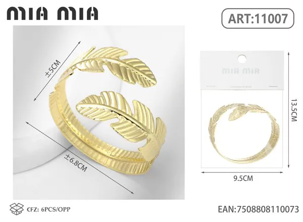 Brazalete de moda dorado con diseño de plumas