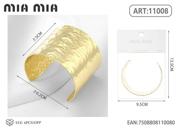 Brazalete de moda dorado ancho con textura martillada