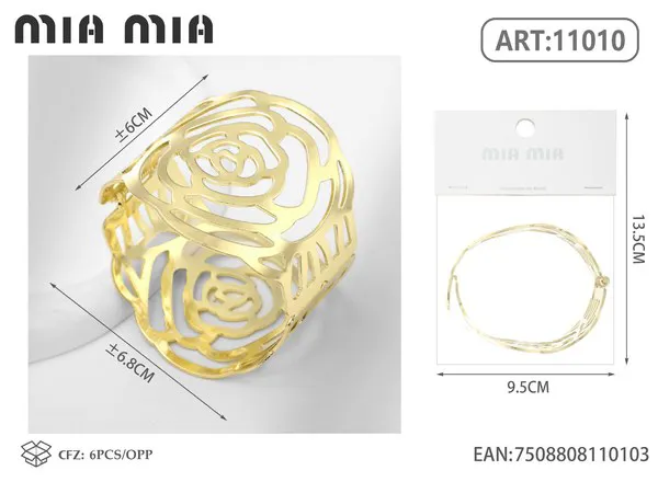 Brazalete de moda dorado con diseño calado de rosas