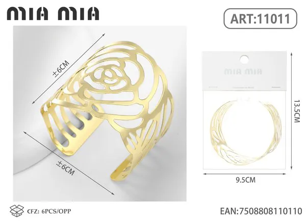Brazalete de moda dorado ancho con diseño calado de rosa
