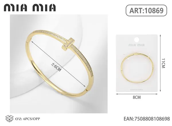 Brazalete de moda dorado con barra central y circonias