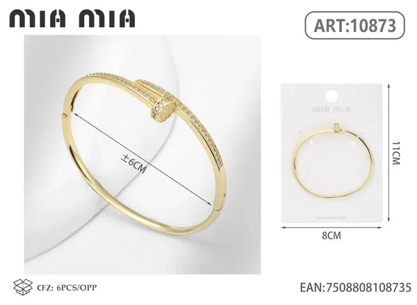 Brazalete de moda dorado con diseño de clavo y circonias