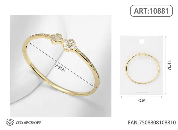 Brazalete de moda dorado con flor de trébol y circonias