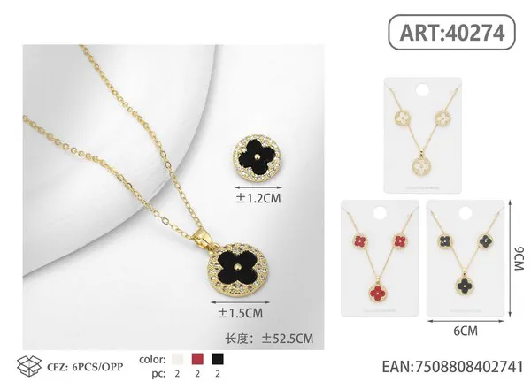 Juego de collar y aretes con dije de trébol de cuatro hojas