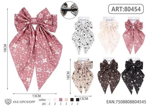 Broche para cabello de moño con colas largas y estampado de monograma rosa