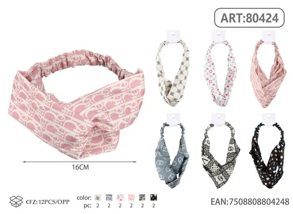 Diadema elástica cruzada con estampado de logos rosa