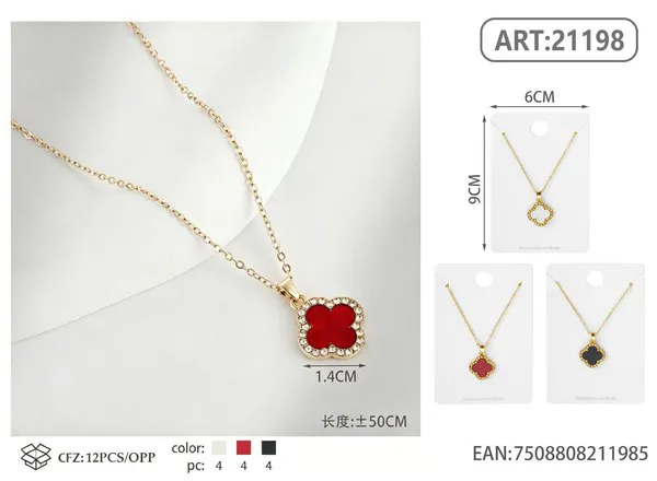 Collar con dije de trébol de cuatro hojas rojo con cristales