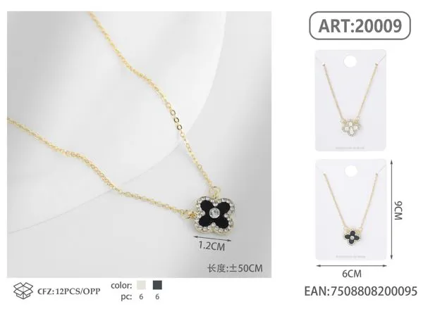 Collar con dije de trébol de cuatro hojas negro con cristales