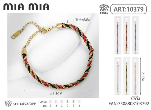 Pulsera trenzada para hombre en dorado, rojo y negro