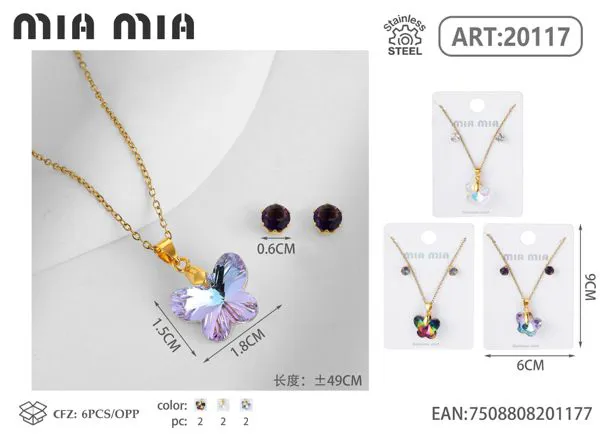 Juego de dos piezas con dije de mariposa de cristal (collar y aretes)