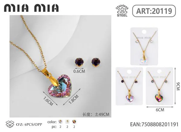 Juego de dos piezas con dije de corazón de cristal (collar y aretes)