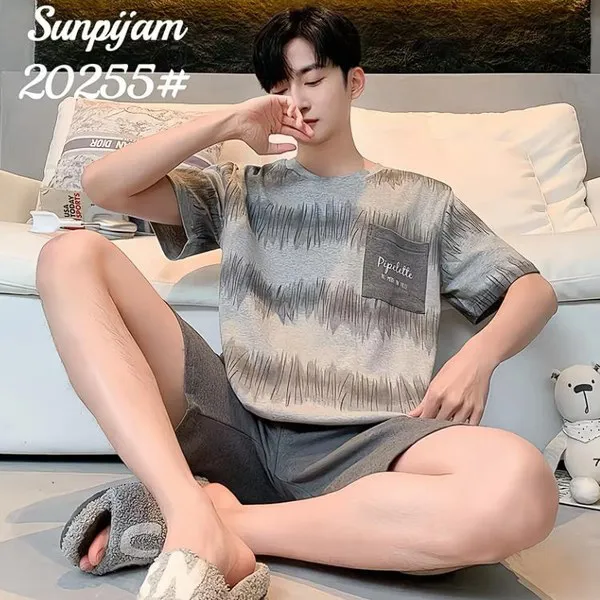 Pijama de hombre de manga corta con short, playera gris con estampado