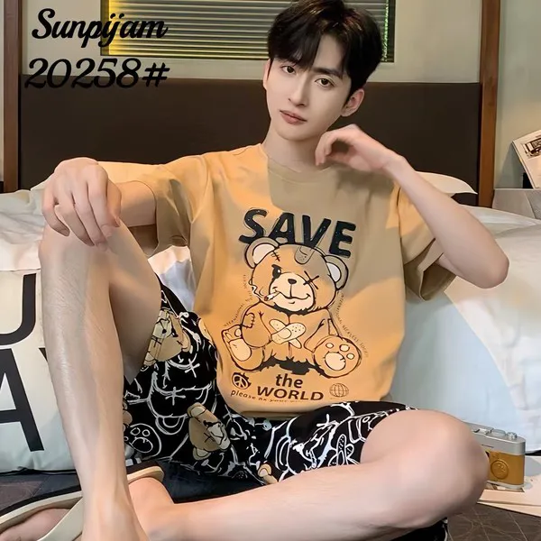 Pijama de hombre de manga corta con short, playera amarilla con estampado de oso