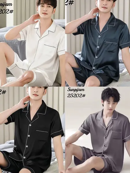 Pijama de hombre tipo camisa de satén, manga corta con short y botones
