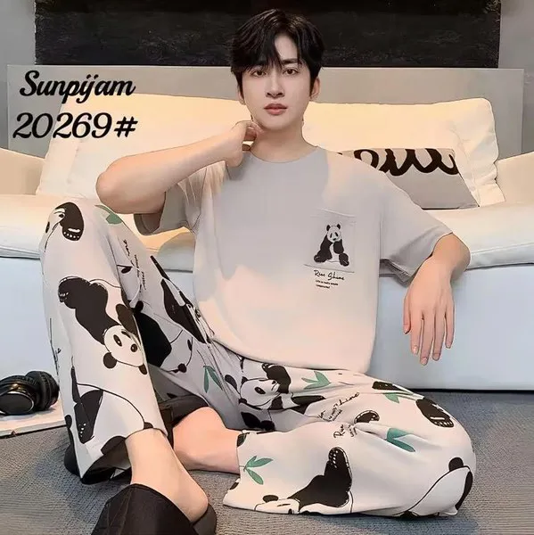 Pijama de hombre de manga corta con pantalón largo, playera gris con estampado de panda