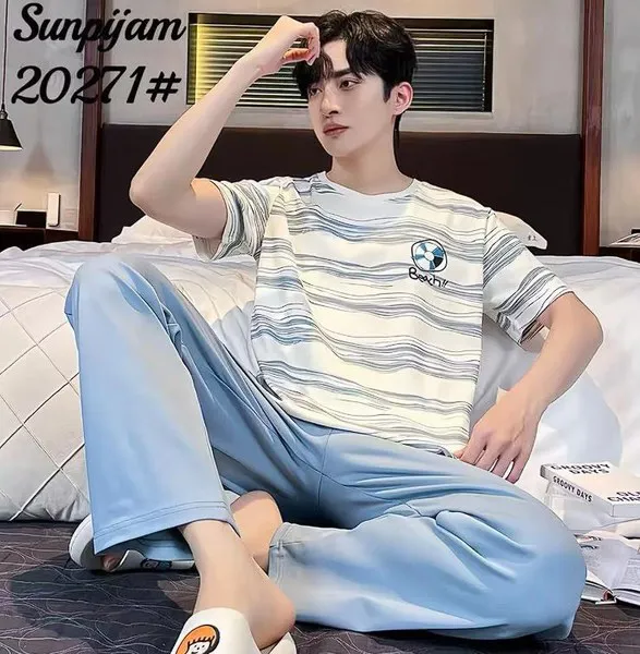 Pijama de hombre de manga corta con pantalón largo, playera de rayas azul claro