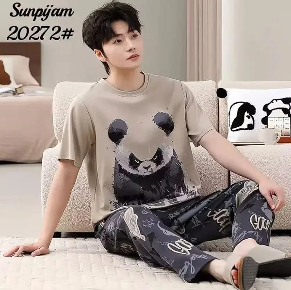 Pijama de hombre de manga corta con pantalón largo, playera beige con estampado de panda